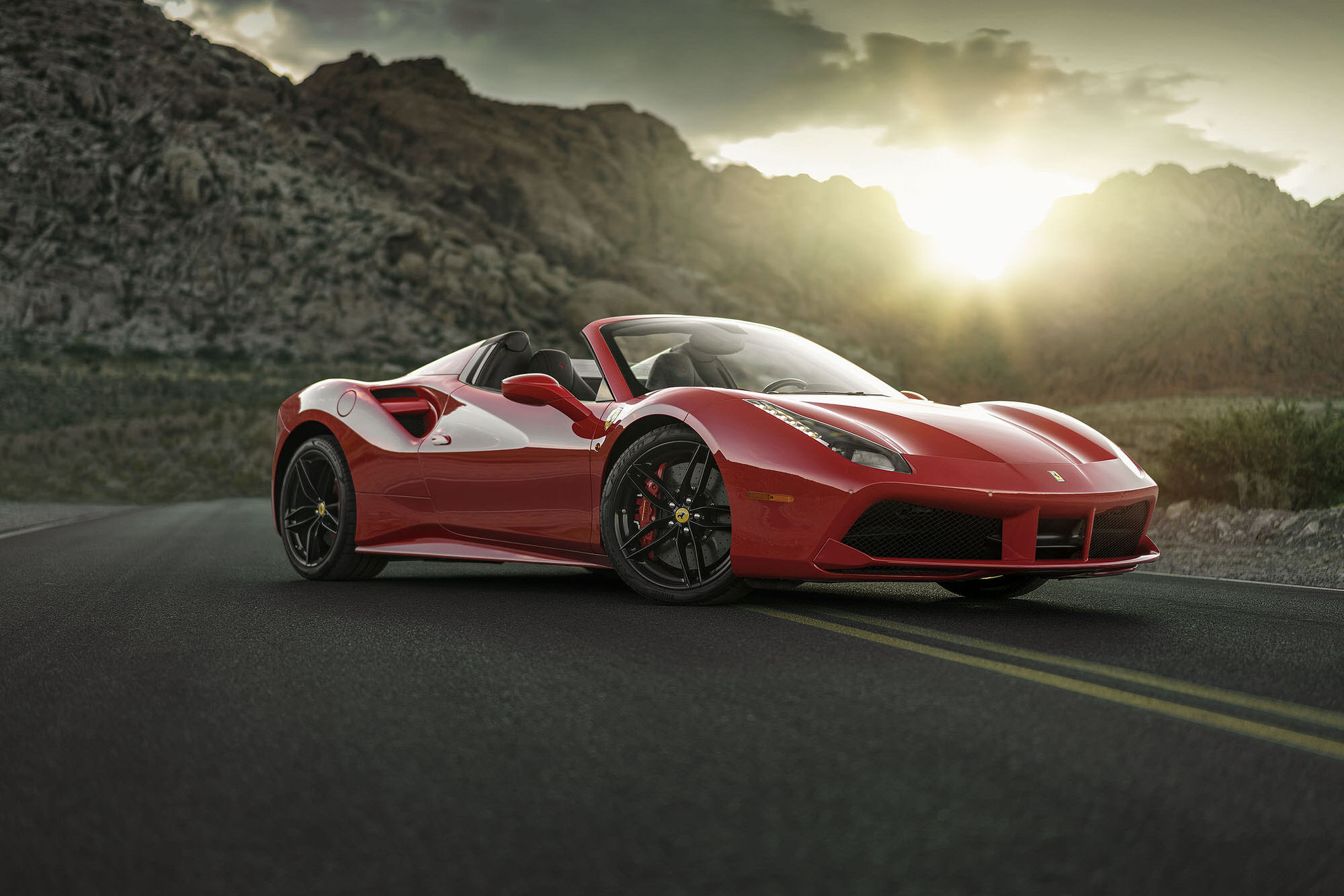 Red Ferrari 488 Spider on the canyon roads outside Las Vegas