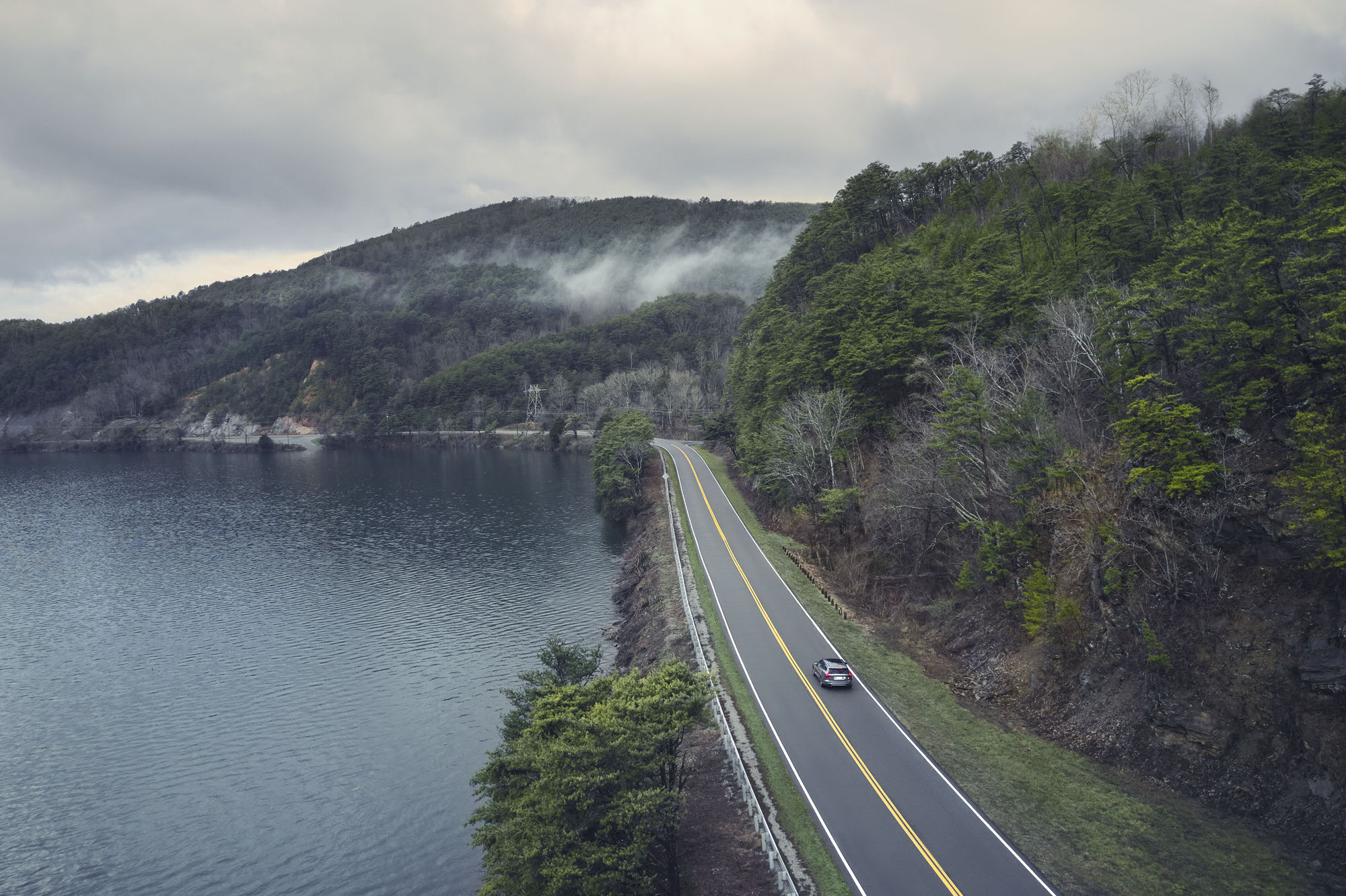 Aerial view of a Volvo V60 Polestar in the mountains of Tennessee. Photographed for Road & Track Magazine.