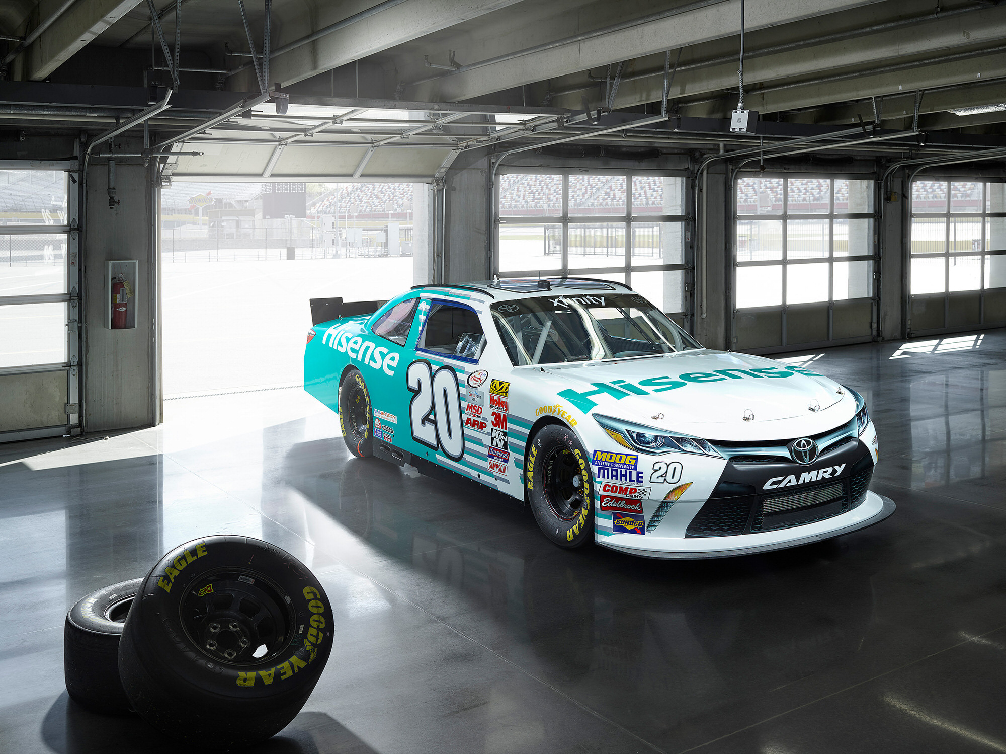 Hisense NASCAR driven by Denny Hamlin and Eric Jones waits in the garage