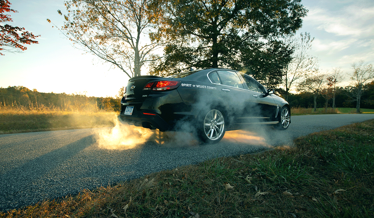 Chevrolet SS sunset burnout North Carolina, shot for Car and Driver Magazine