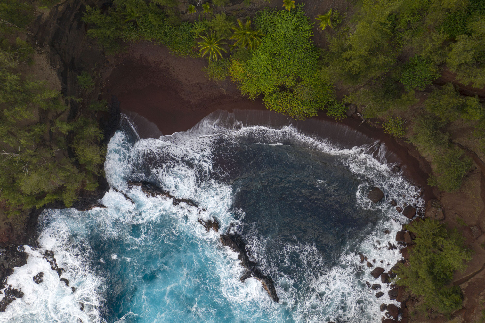 Aerial view of Red Sand Beach (Kaihalulu Beach) off the Road to Hana